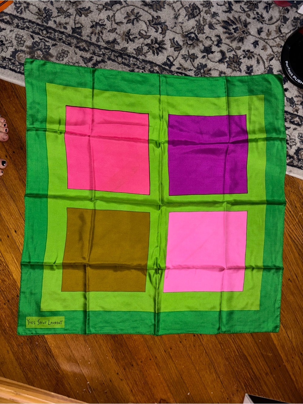 Yves Saint Laurent Green Scarf with Pink, Purple & Olive Blocks